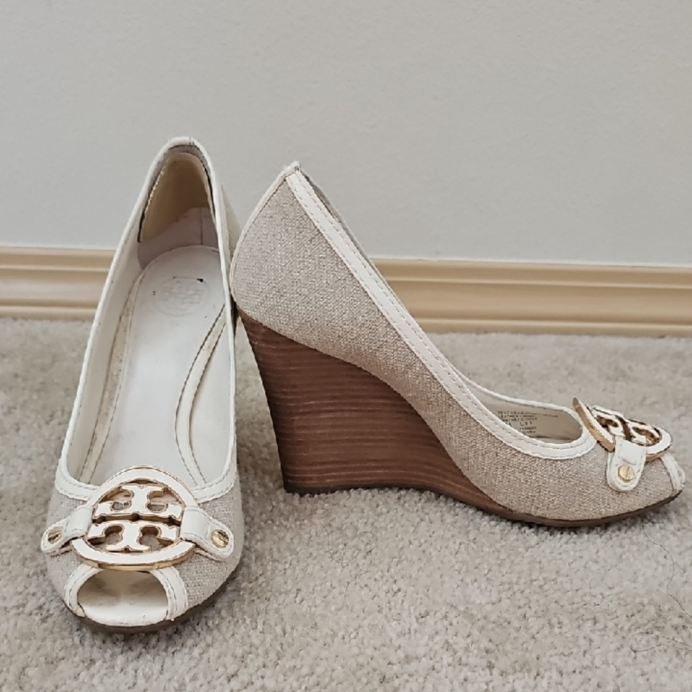 Tory Burch Cream Peep-Toe Heels with Gold Accent - Picture 2 of 3